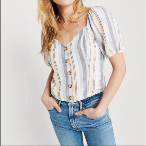 SMALL Abercrombie & Fitch A+F puff sleeve short stripes button smocking balloon - Picture 3 of 5